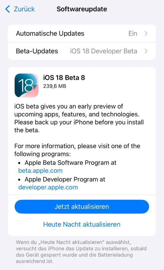 新龙镇苹果手机维修分享苹果 iOS / iPadOS 18 开发者预览版 Beta 8 发布 